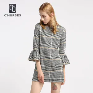 CHURSES 2017 new fashion women plaid dress autumn elegant checkered flare ruffle sleeve loose casual sweet dresses vestidos