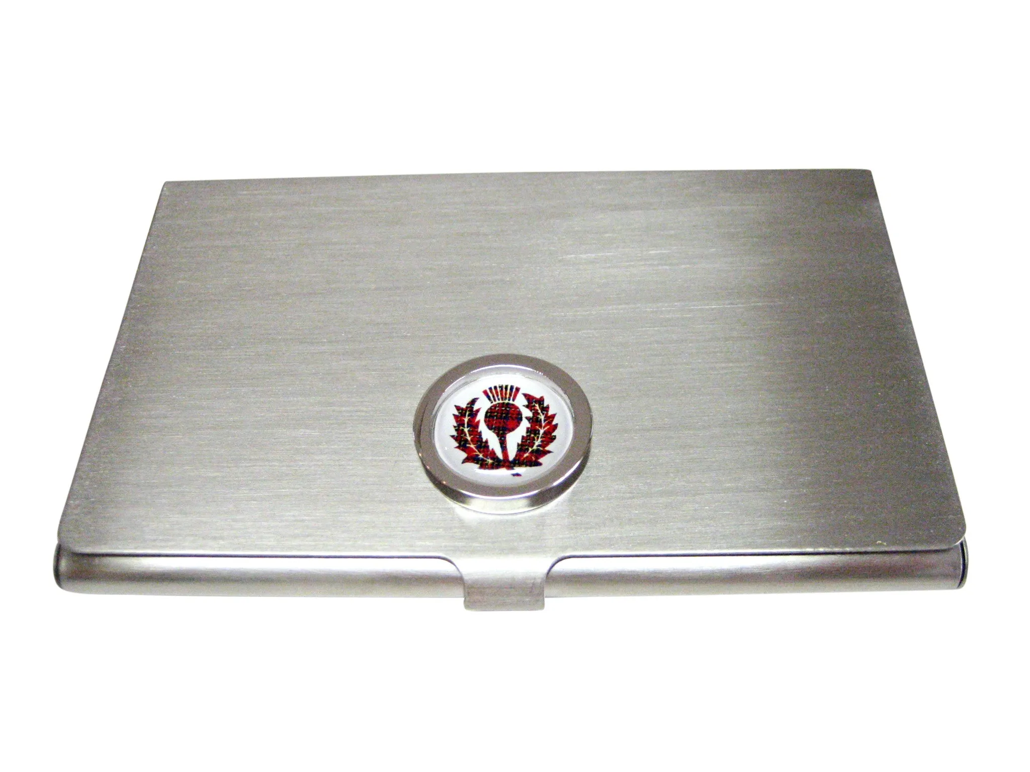 Circular Dark Red Scottish Thistle Business Card Holder