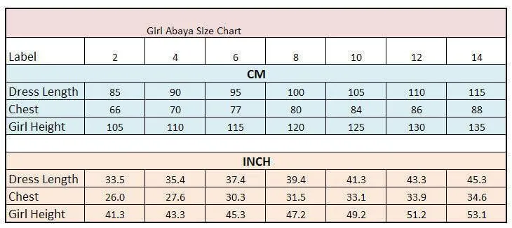 Classic Girls Muslim Dress Kids Long Sleeve Abaya Islamic 3-12T