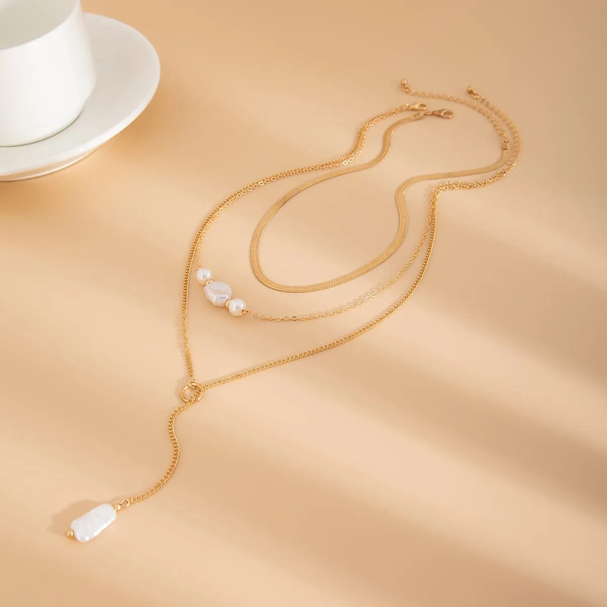 Classic Layered Irregular Pearl Pendant Snake Chain Necklace Set