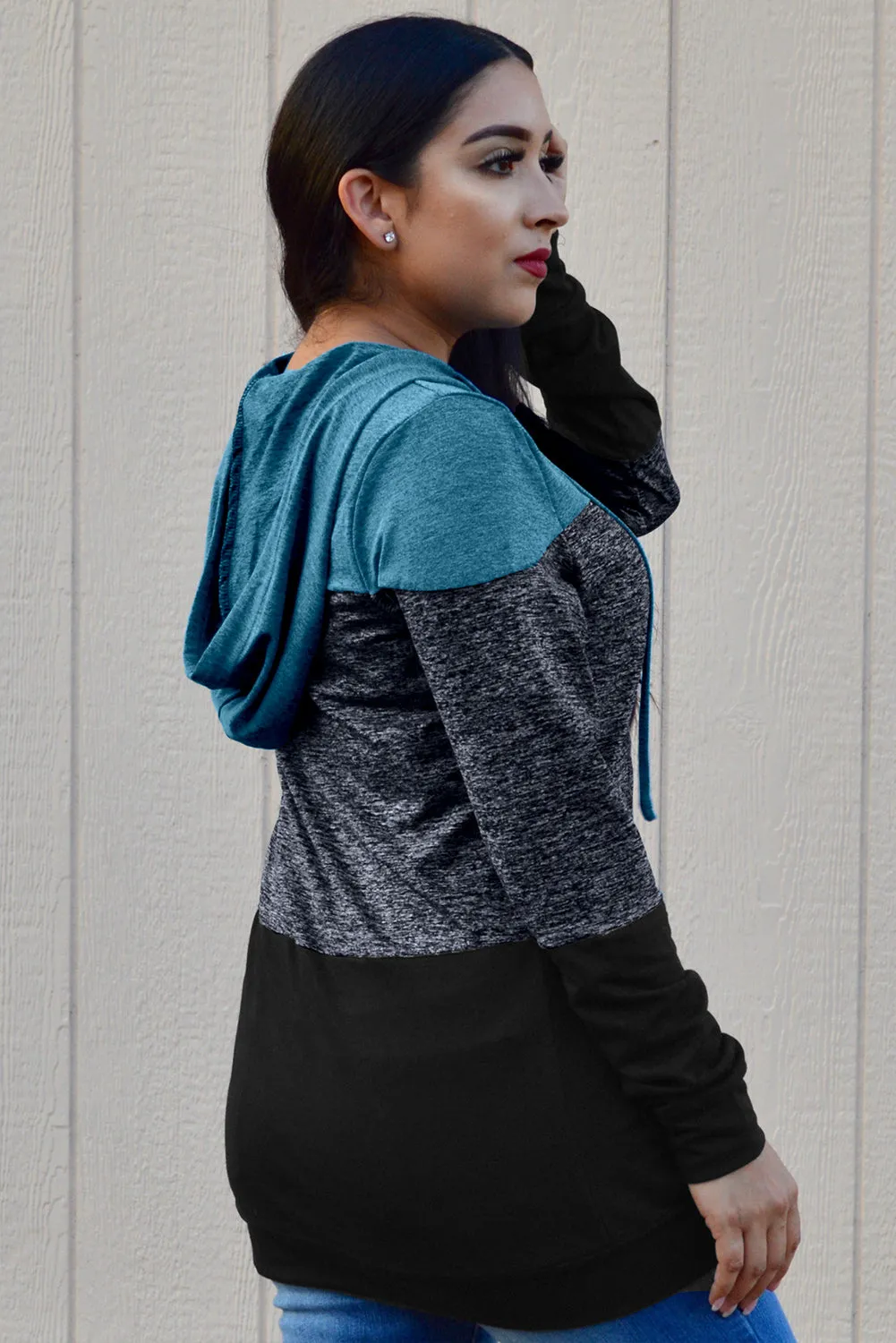 Color Block Long Sleeve Pullover Knit Hoodie