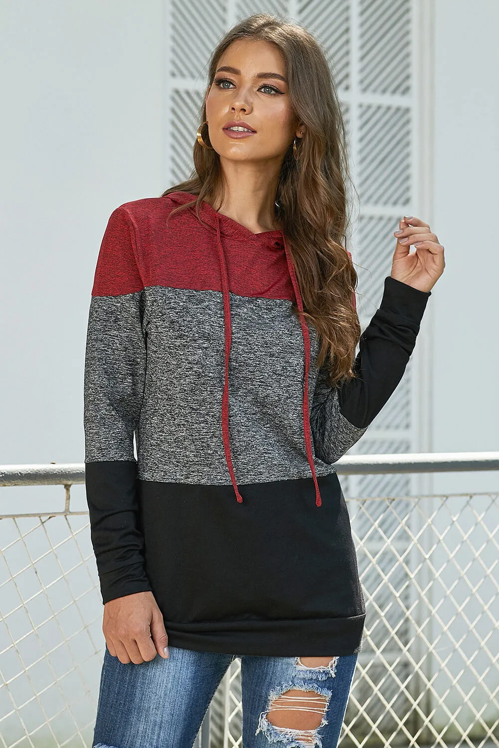 Color Block Long Sleeve Pullover Knit Hoodie