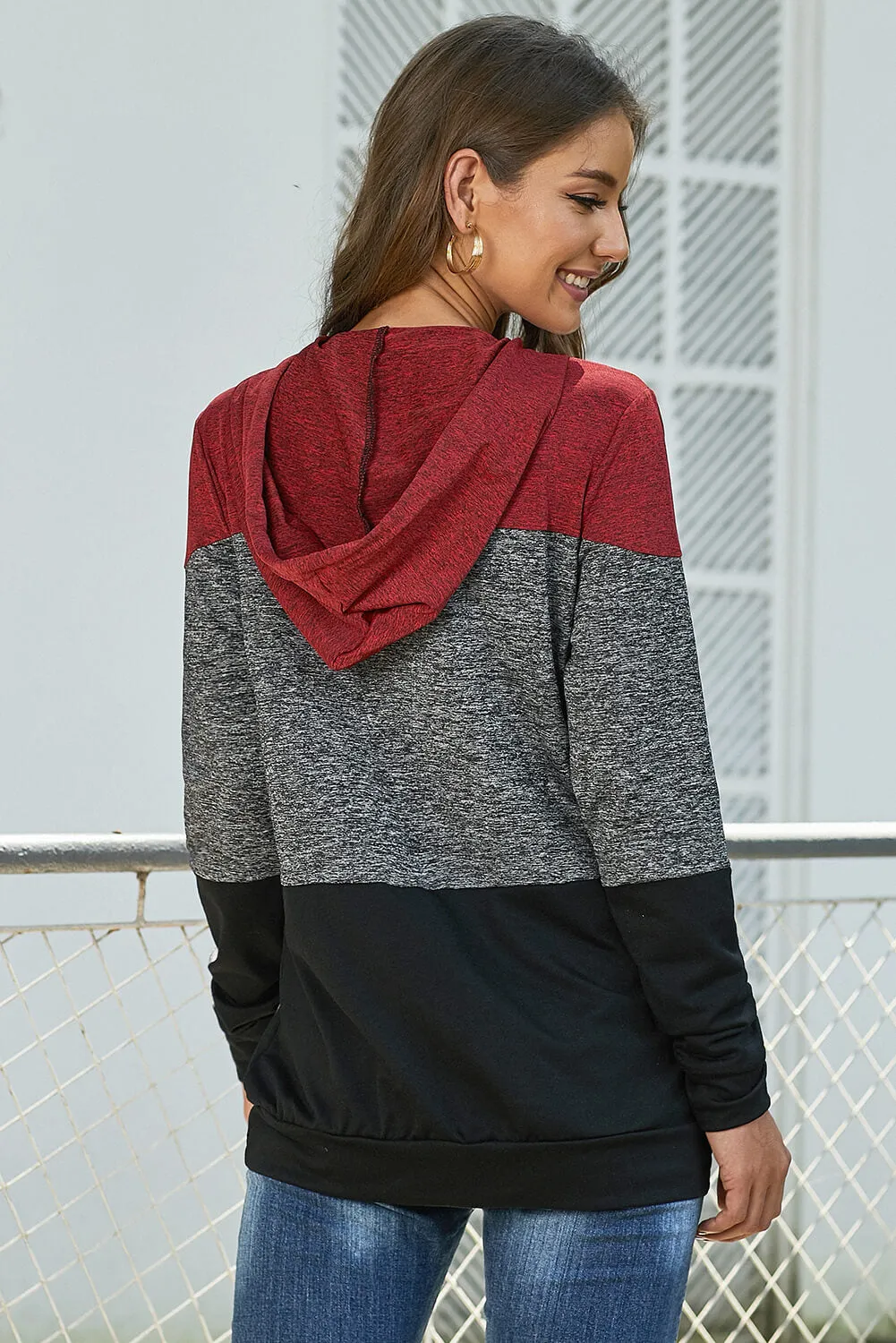 Color Block Long Sleeve Pullover Knit Hoodie