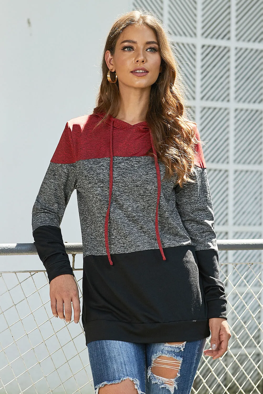 Color Block Long Sleeve Pullover Knit Hoodie