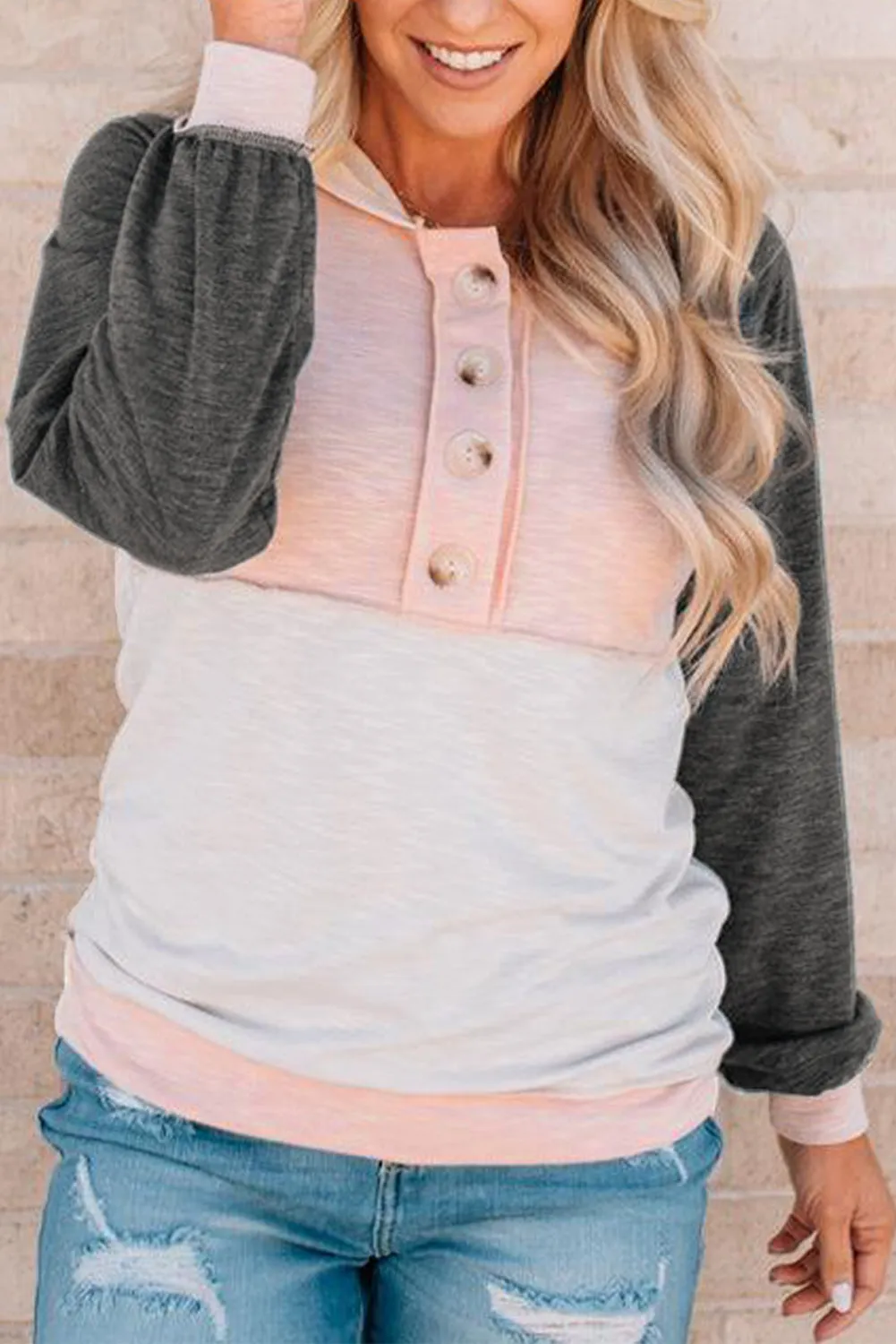 Colorblock Button Accent Pullover Hoodie