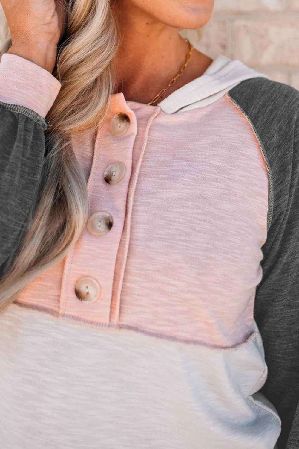 Colorblock Button Accent Pullover Hoodie