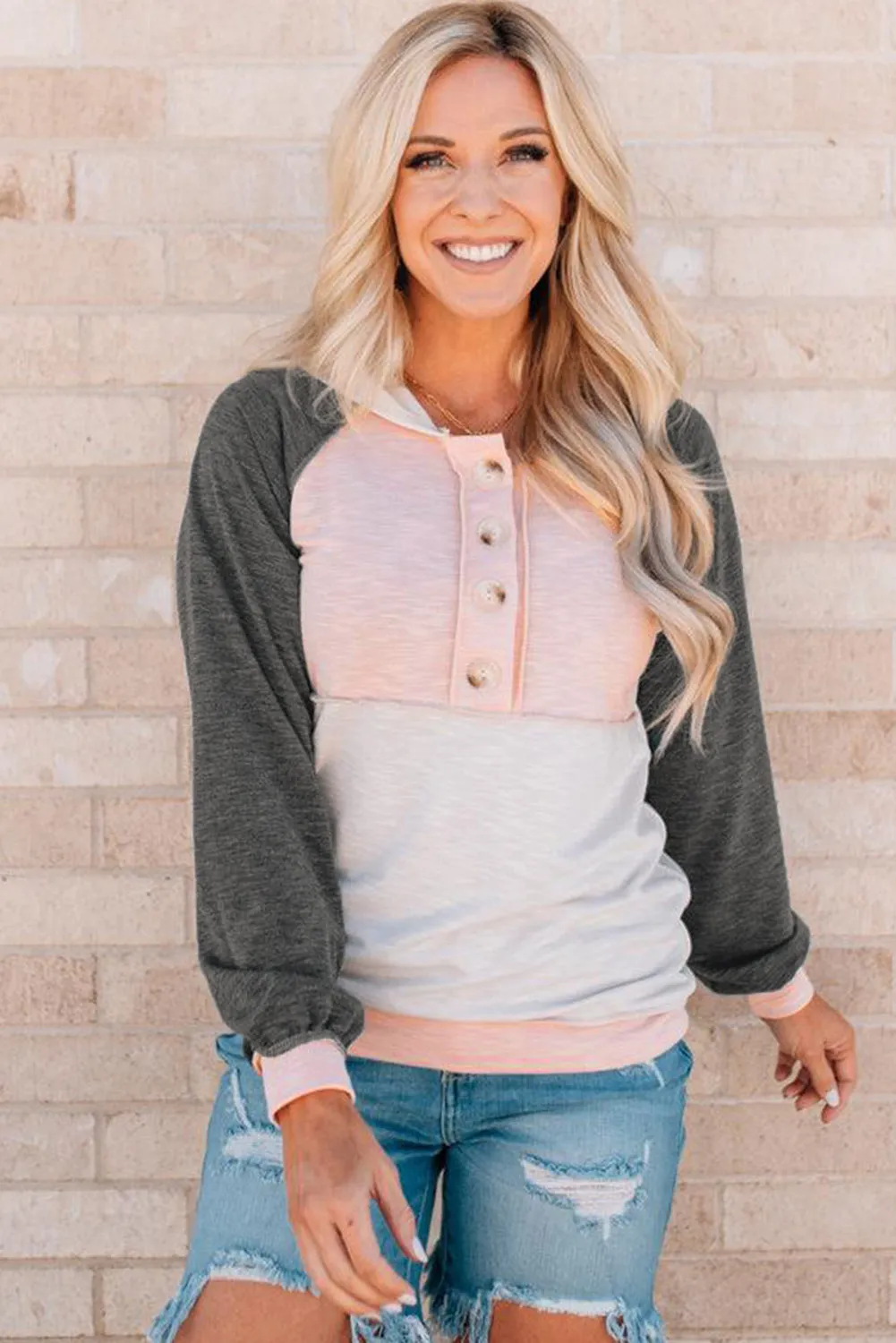 Colorblock Button Accent Pullover Hoodie