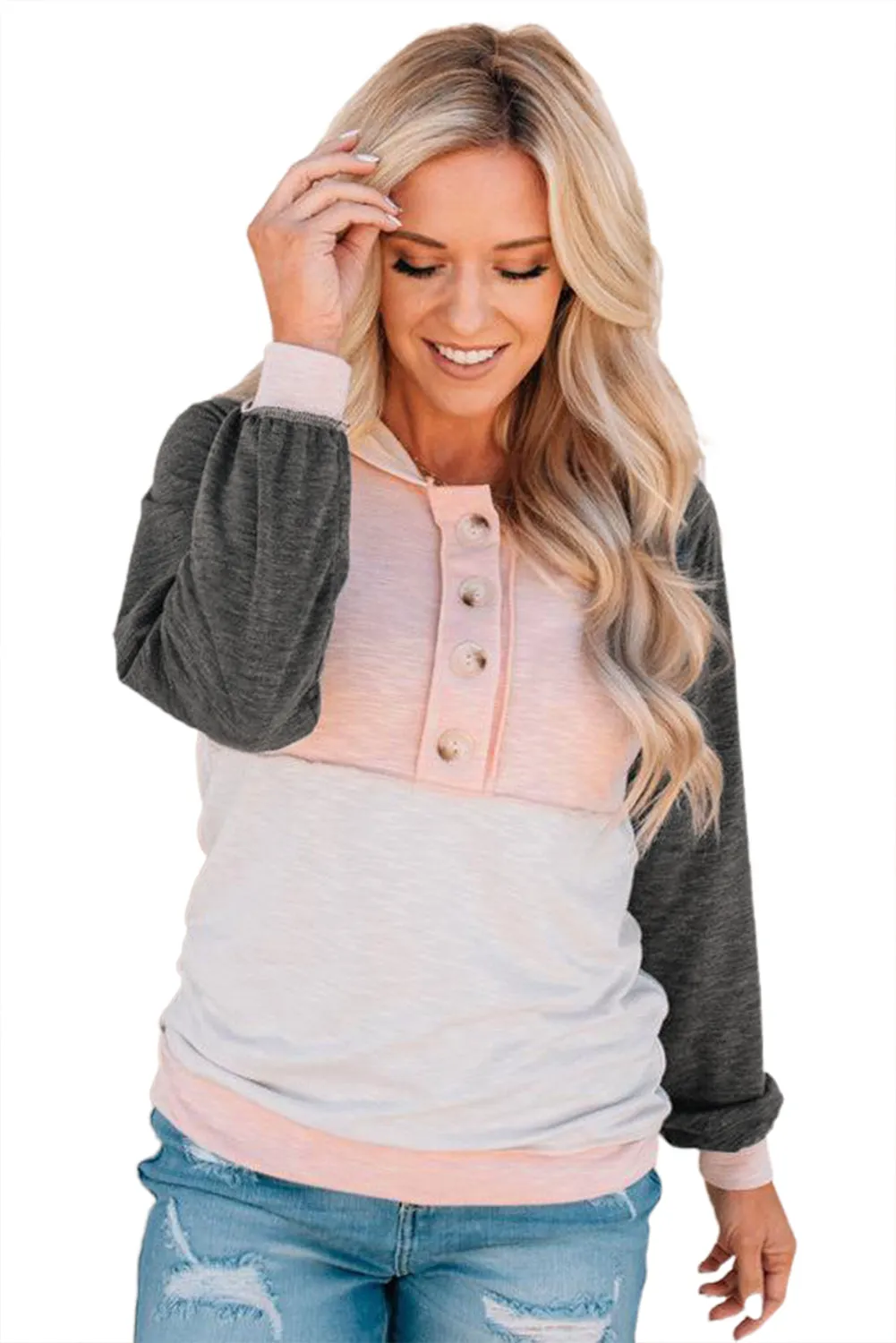 Colorblock Button Accent Pullover Hoodie