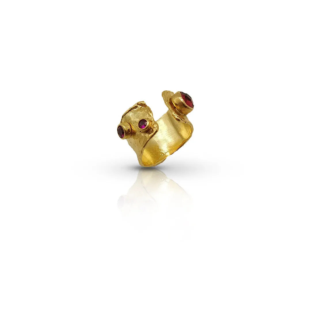 Contemporary Gold Plated Cuff Ring with Ruby CZ - Handmade Semi Precious Jewelry