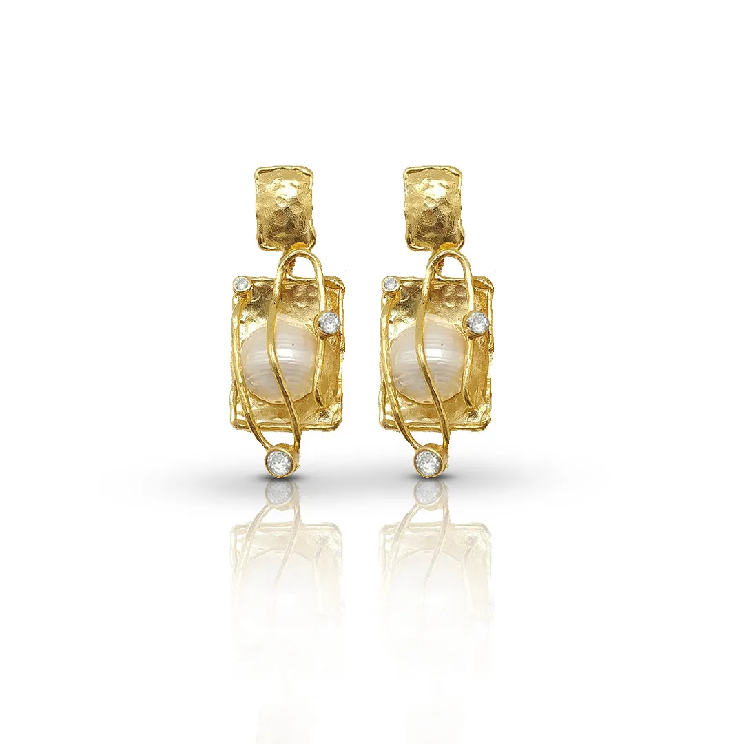 Contemporary Handmade Pearl Earrings | Gold-Plated with White CZ Accents