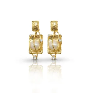 Contemporary Handmade Pearl Earrings | Gold-Plated with White CZ Accents