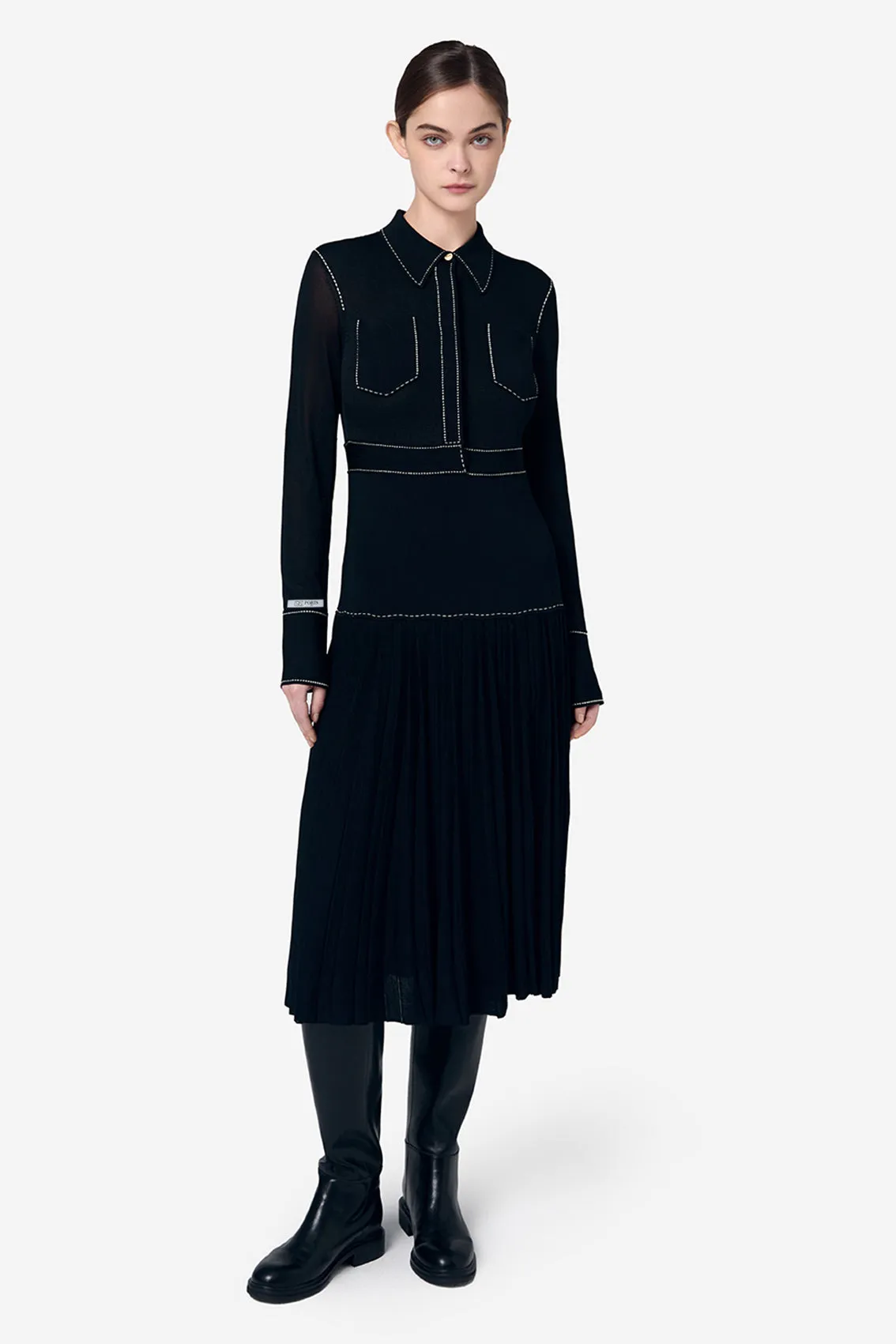 CONTRAST STITCHING STAND COLLAR KNITTED DRESS