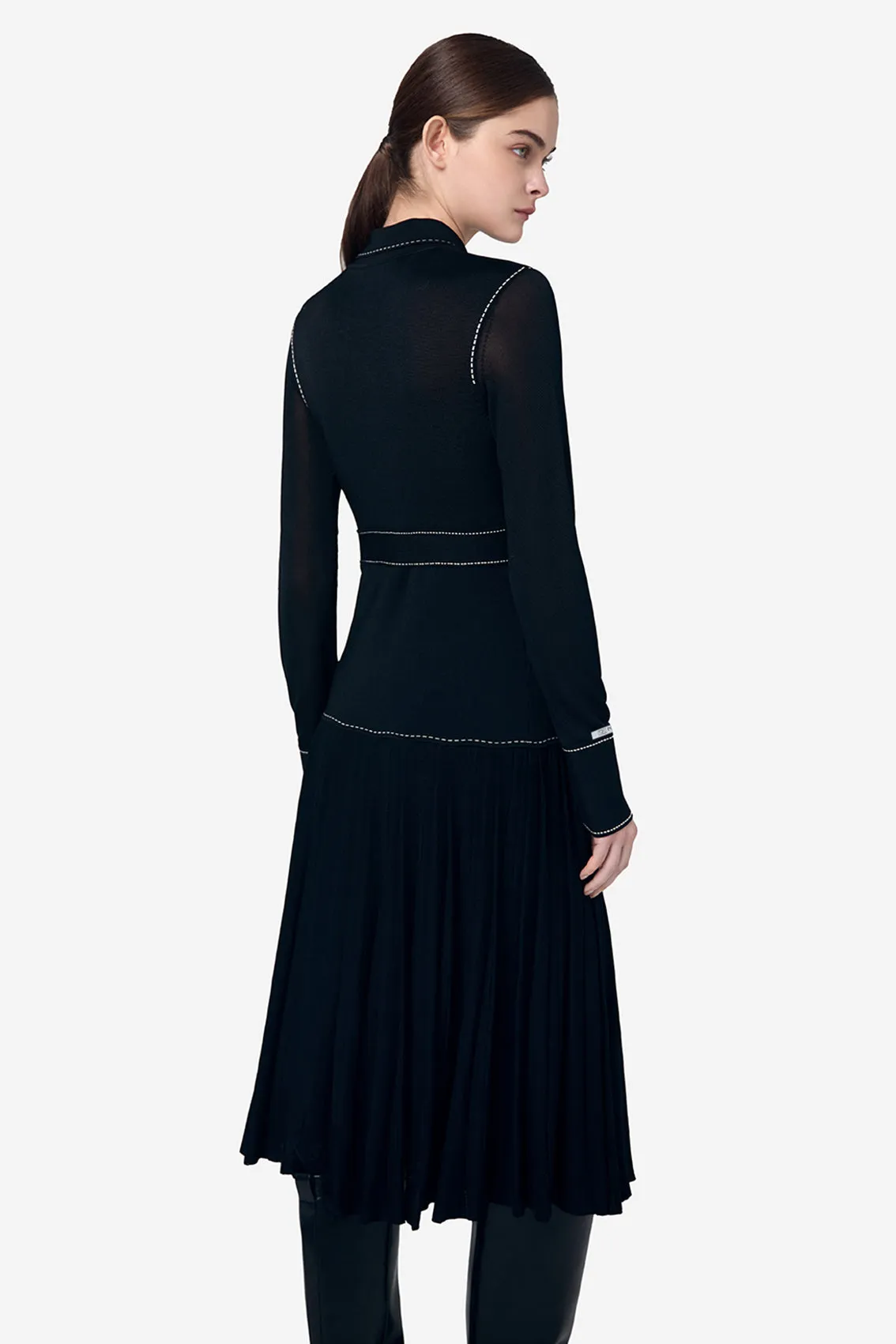 CONTRAST STITCHING STAND COLLAR KNITTED DRESS
