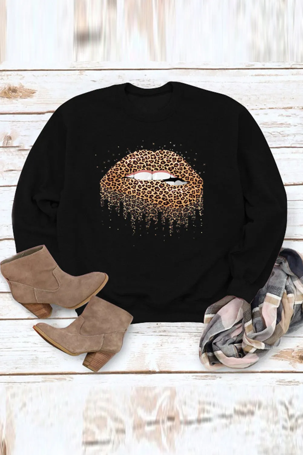Crew Neck Leopard Lips Graphic Sweatshirt