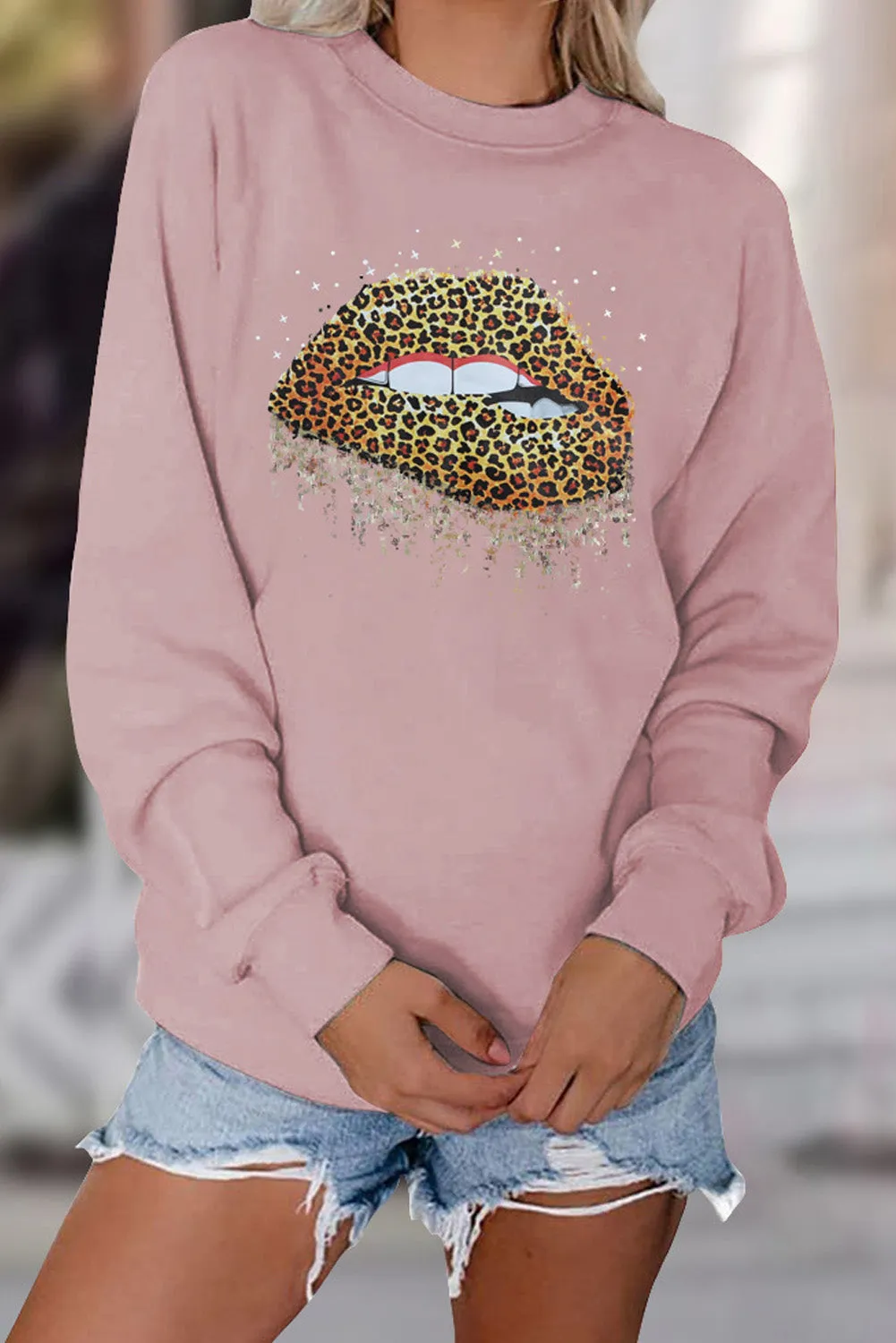 Crew Neck Leopard Lips Graphic Sweatshirt