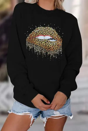 Crew Neck Leopard Lips Graphic Sweatshirt