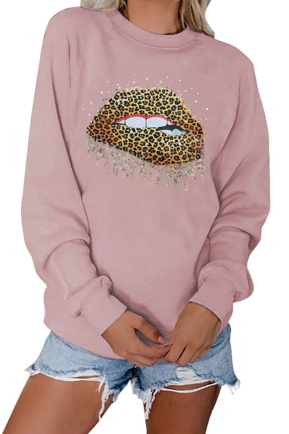 Crew Neck Leopard Lips Graphic Sweatshirt