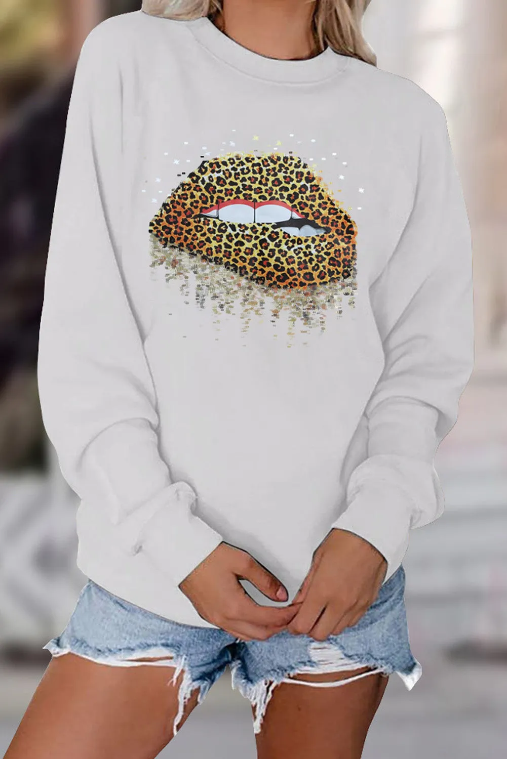 Crew Neck Leopard Lips Graphic Sweatshirt