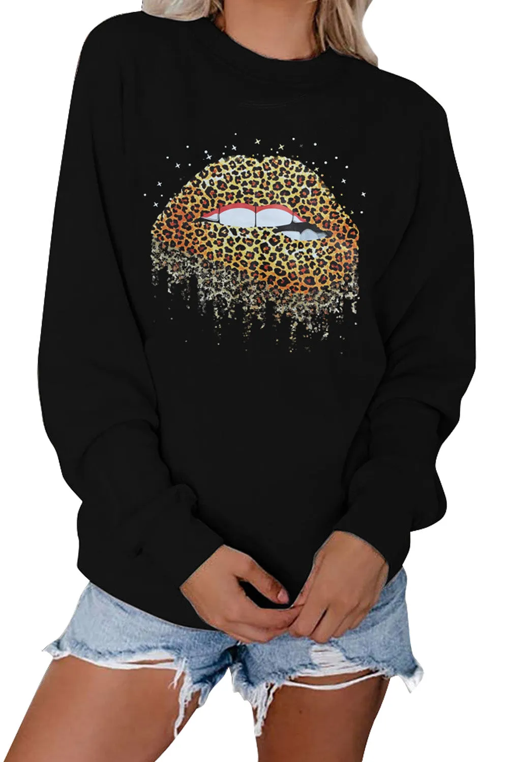 Crew Neck Leopard Lips Graphic Sweatshirt