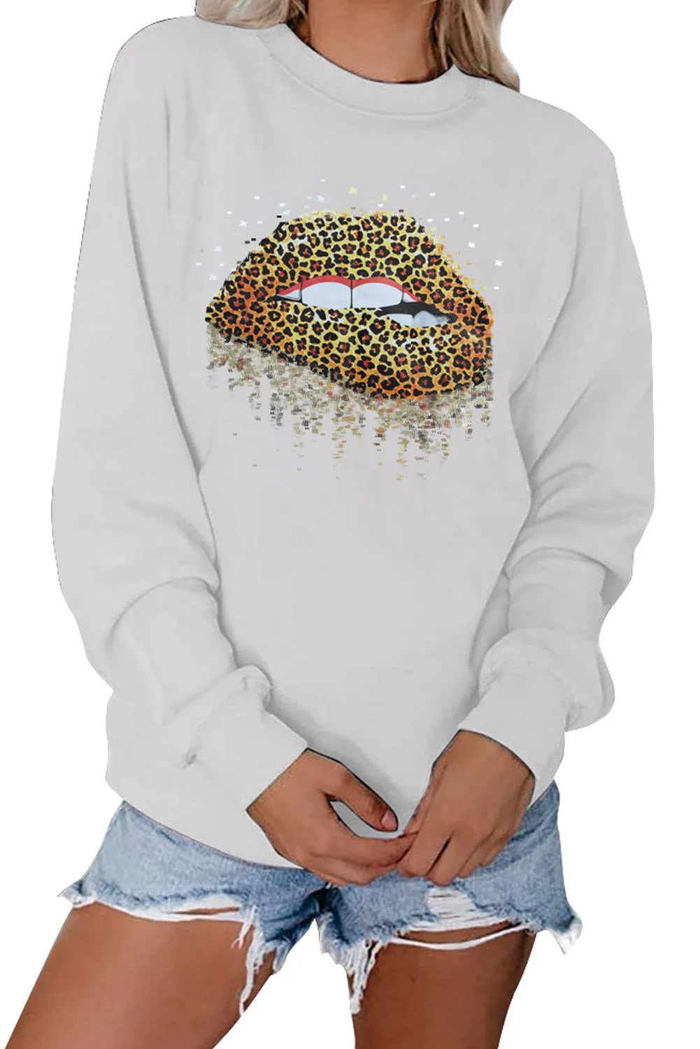 Crew Neck Leopard Lips Graphic Sweatshirt