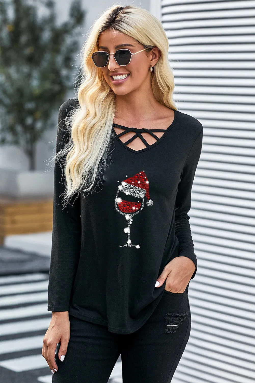 Crisscross V Neck Long Sleeve Top