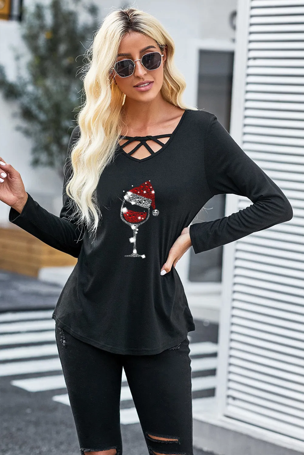Crisscross V Neck Long Sleeve Top