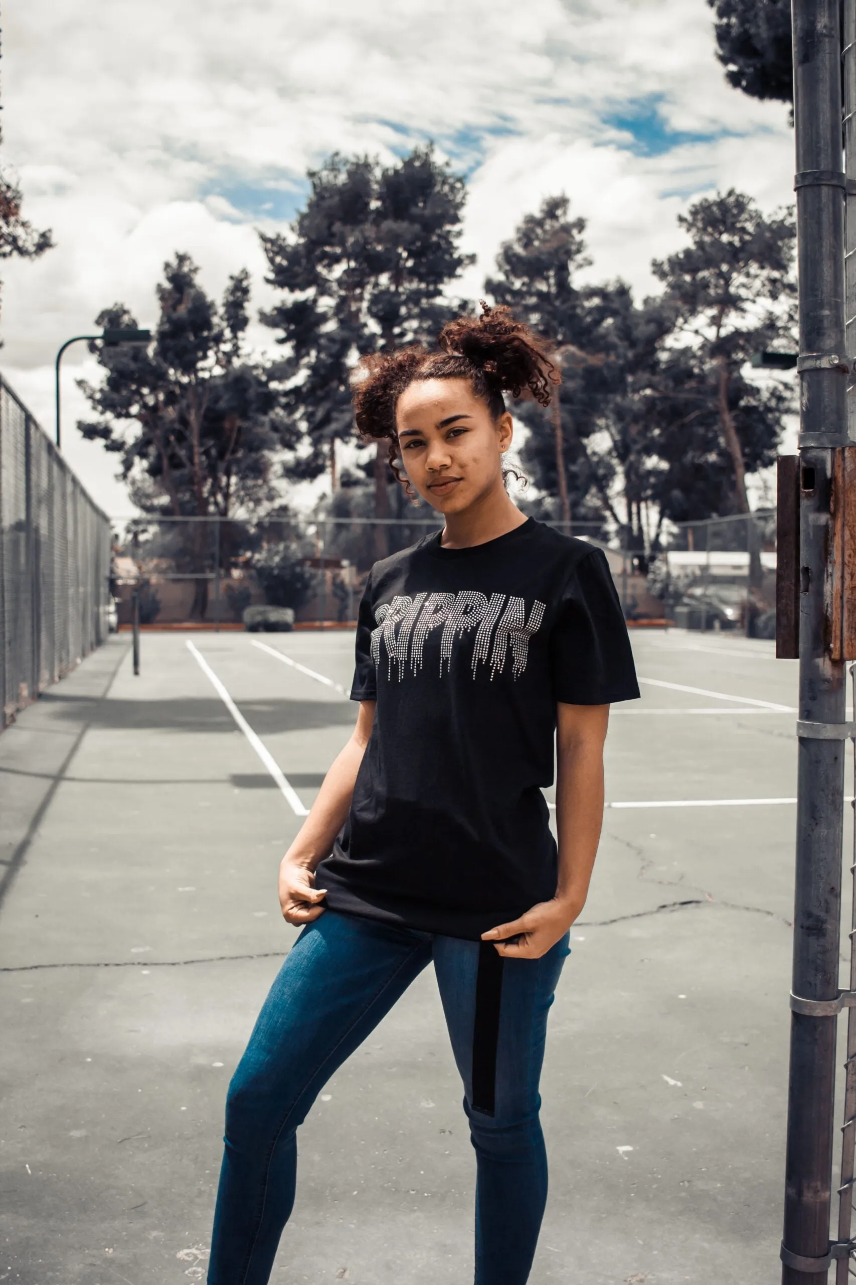 Crystal Clear Rhinestone Drippin | Black Tee