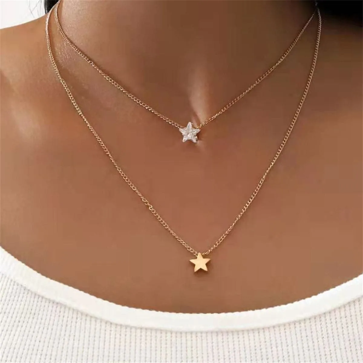 Cubic Zirconia & 18K Gold-Plated Stars Layered Pendant Necklace