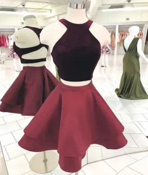 Cute burgundy two pieces short prom dress, burgundy homecoming dress