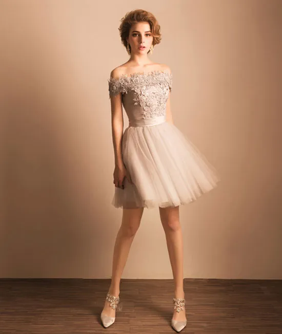 Cute gray lace tulle short prom dress, homecoming dress