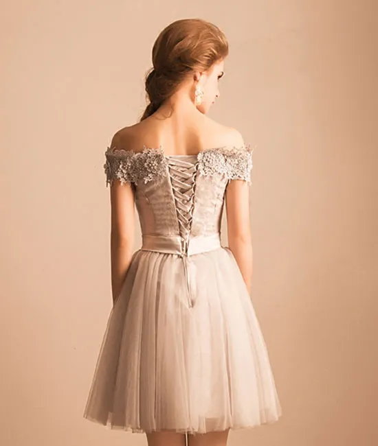 Cute gray lace tulle short prom dress, homecoming dress