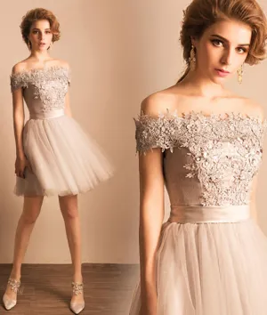 Cute gray lace tulle short prom dress, homecoming dress