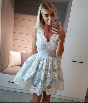Cute light blue lace applique short prom dress, homecoming dress