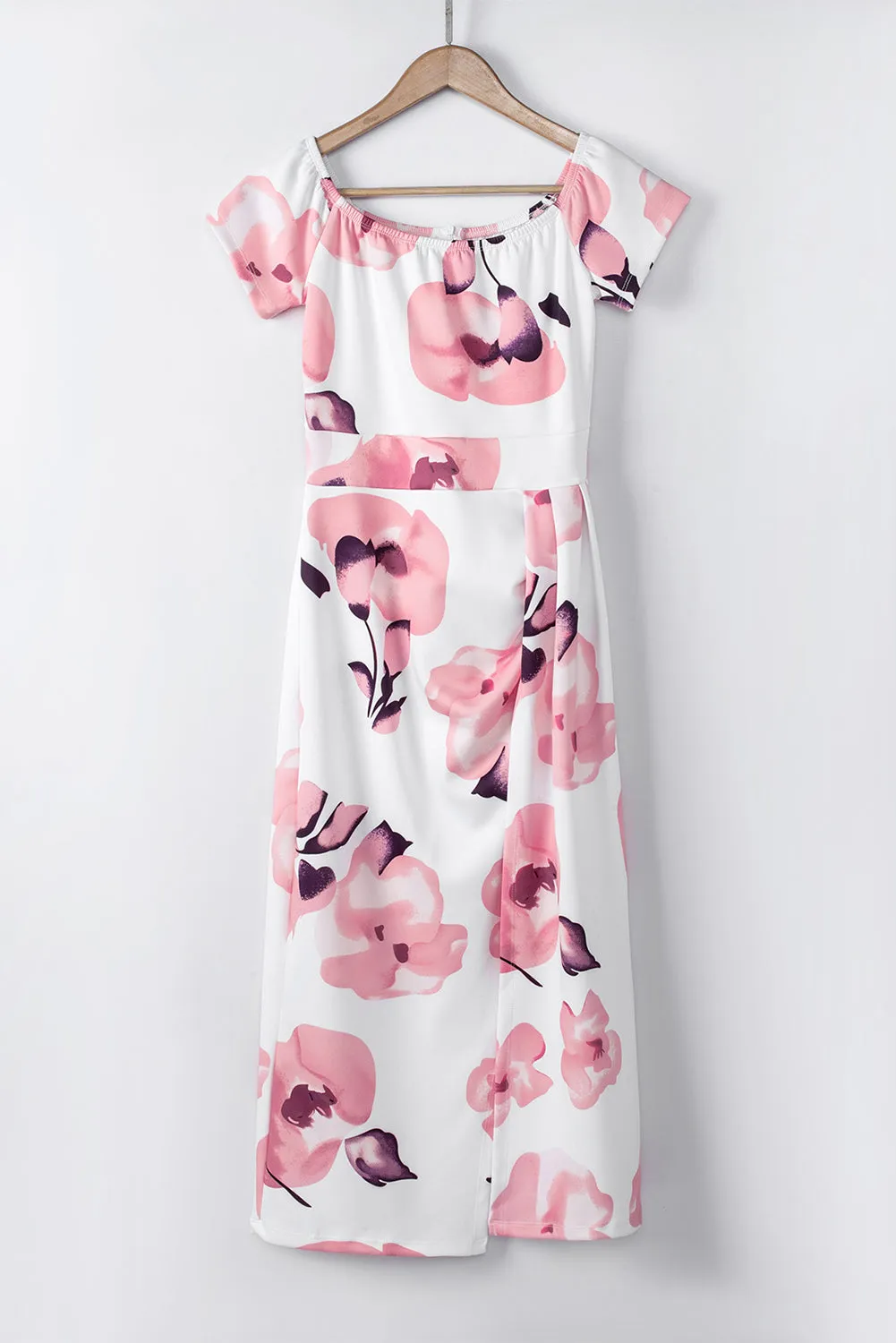 Dark Blue Floral Print Off Shoulder Slit Bodycon Midi Dress