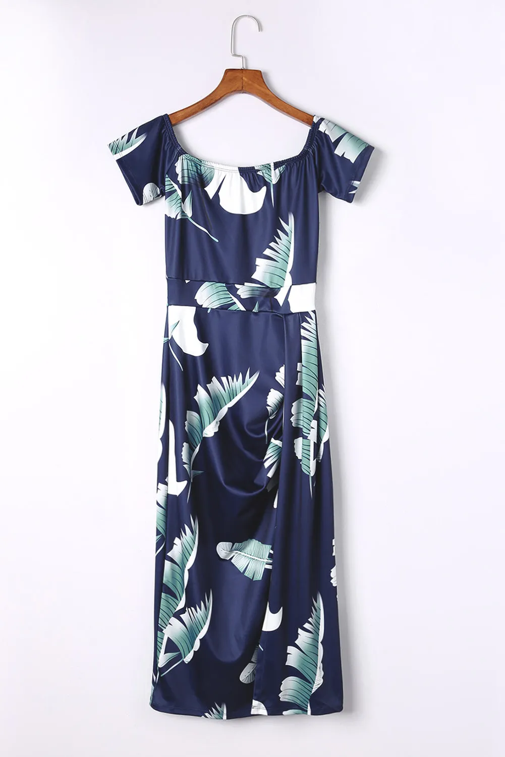 Dark Blue Floral Print Off Shoulder Slit Bodycon Midi Dress