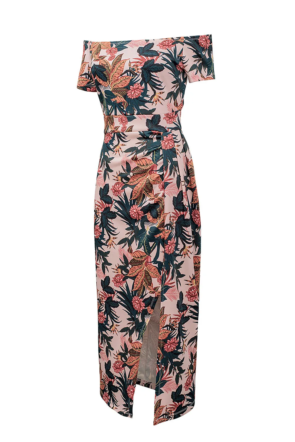 Dark Blue Floral Print Off Shoulder Slit Bodycon Midi Dress