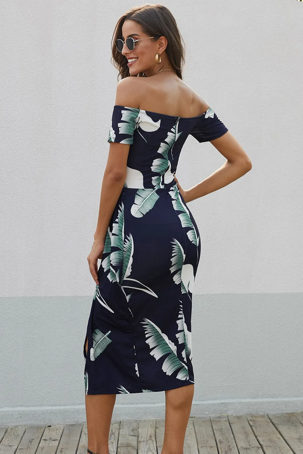 Dark Blue Floral Print Off Shoulder Slit Bodycon Midi Dress