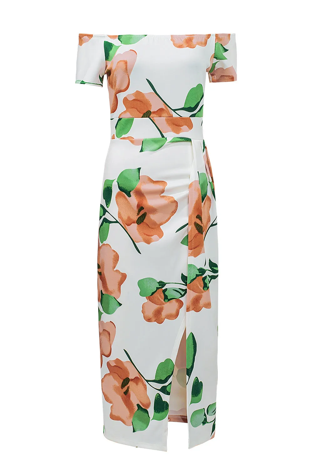 Dark Blue Floral Print Off Shoulder Slit Bodycon Midi Dress