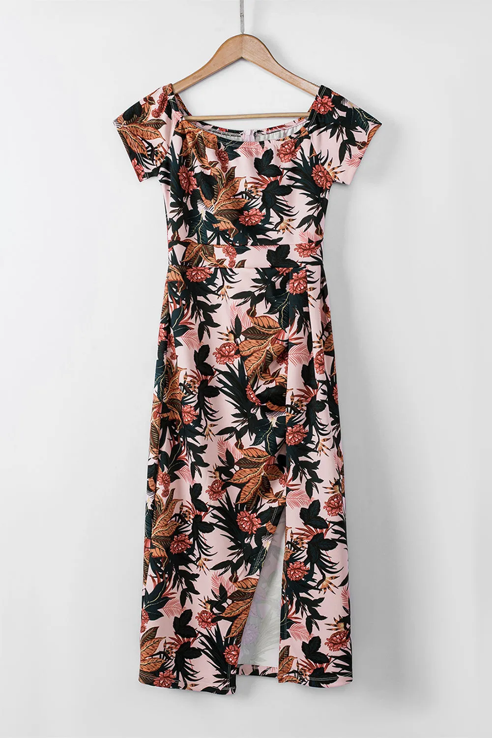 Dark Blue Floral Print Off Shoulder Slit Bodycon Midi Dress