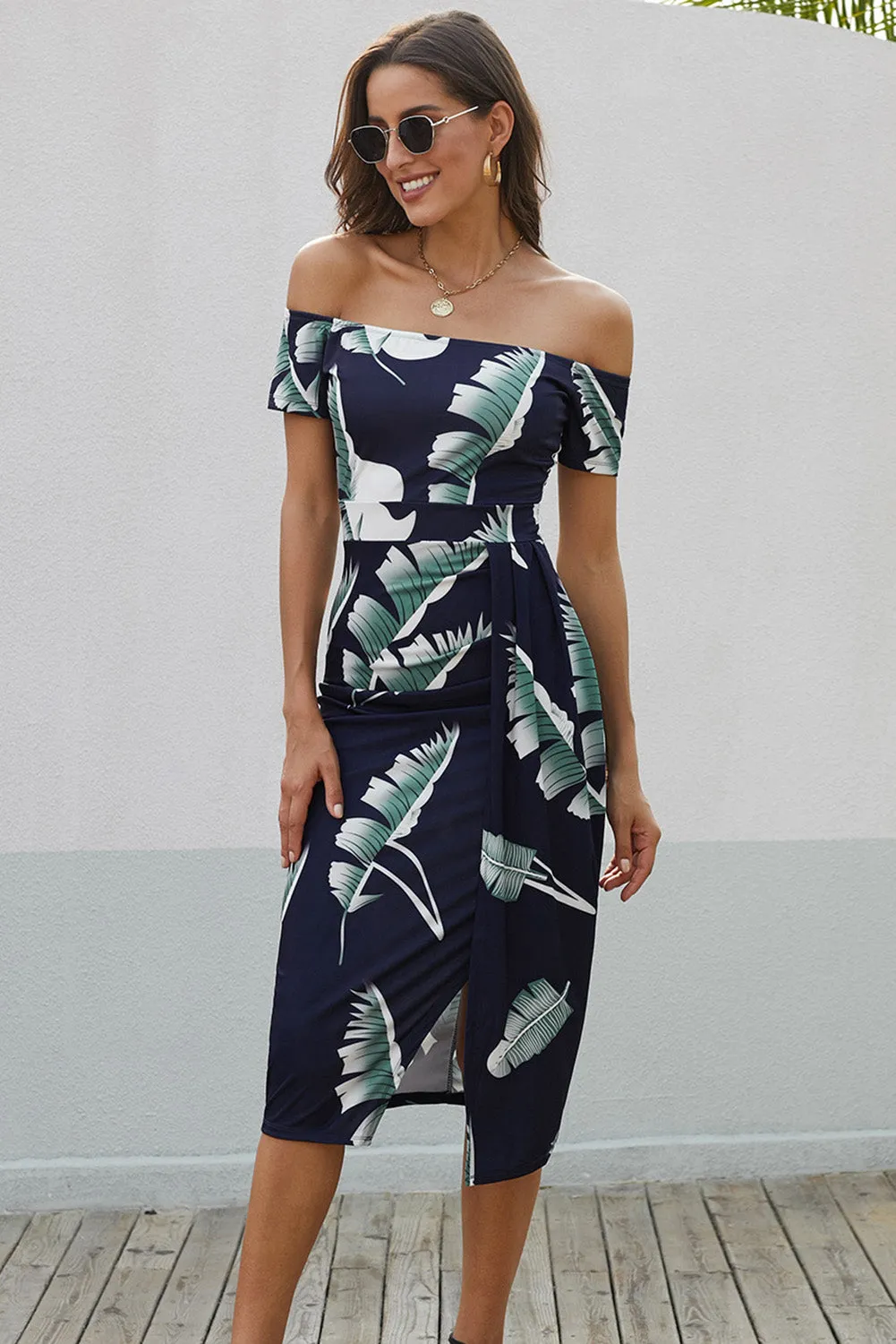 Dark Blue Floral Print Off Shoulder Slit Bodycon Midi Dress