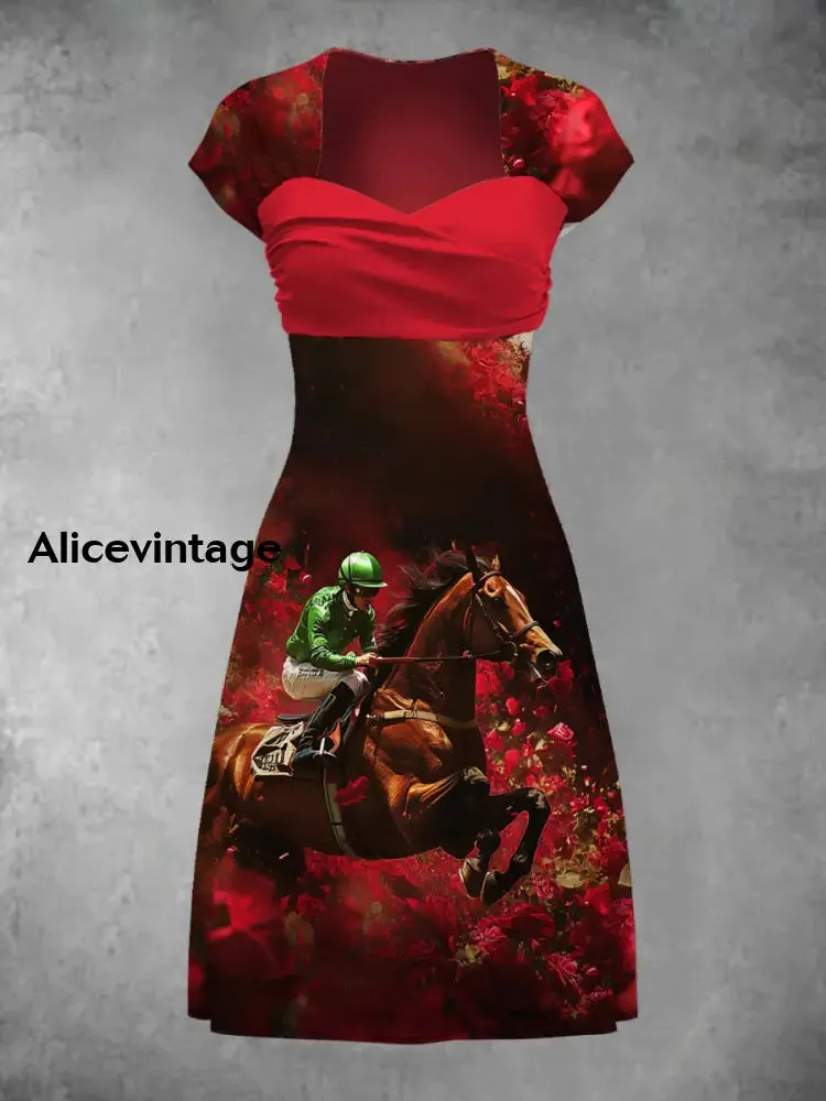 Derby Art Print Short Sleeve Vintage Midi Dress Derby Dress