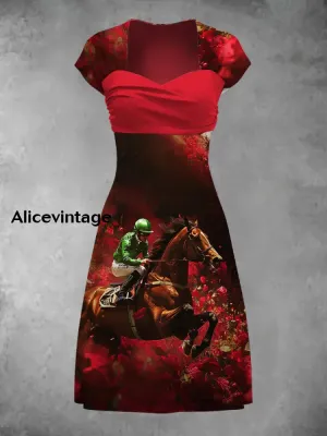 Derby Art Print Short Sleeve Vintage Midi Dress Derby Dress