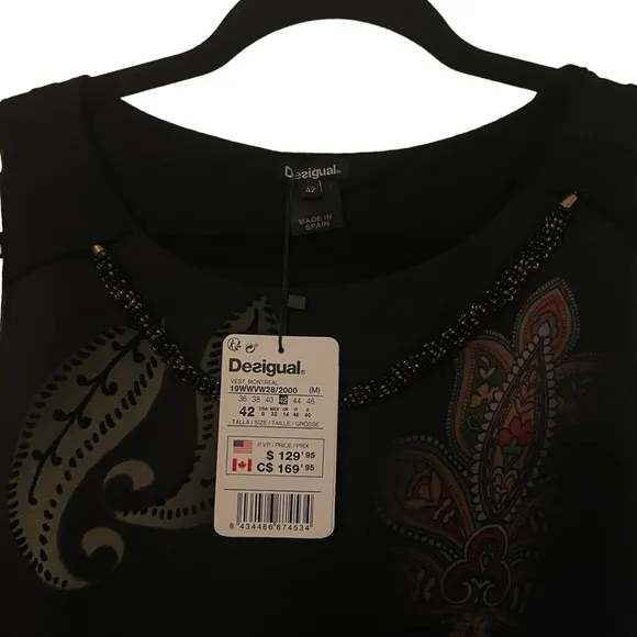 Desigual Womens Dress Size 8 Black Montreal Sleeveless Floral Beaded Chi…