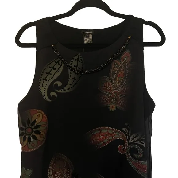 Desigual Womens Dress Size 8 Black Montreal Sleeveless Floral Beaded Chi…
