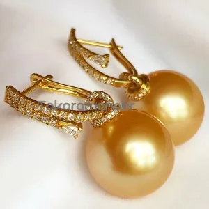 Diamond Huggie and Detachable Pearl Drop Earrings - 13.0-14.0 mm Golden South Sea Pearl