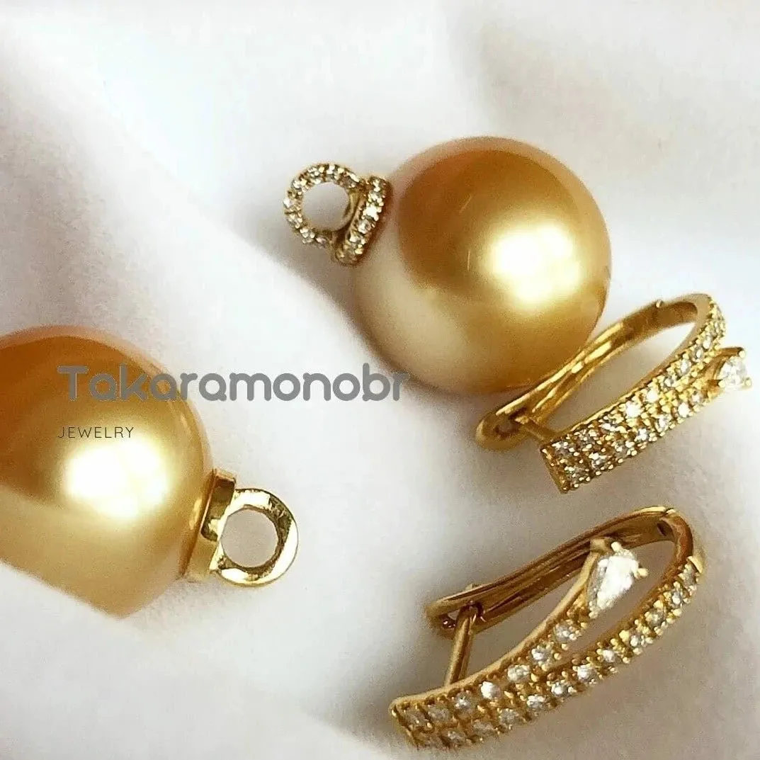 Diamond Huggie and Detachable Pearl Drop Earrings - 13.0-14.0 mm Golden South Sea Pearl