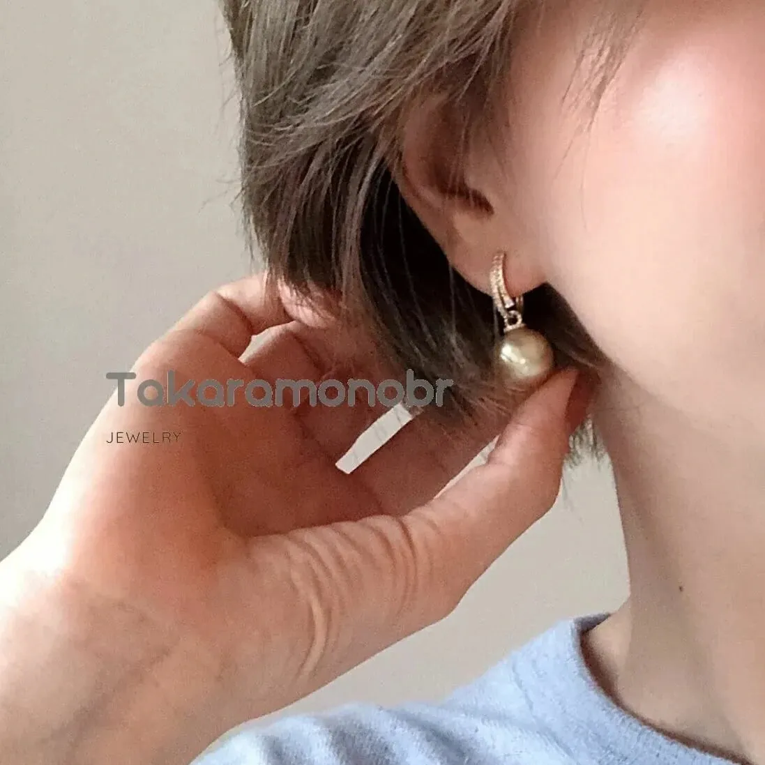 Diamond Huggie and Detachable Pearl Drop Earrings - 13.0-14.0 mm Golden South Sea Pearl