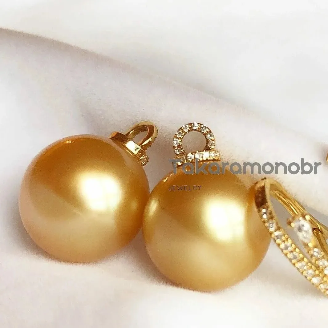 Diamond Huggie and Detachable Pearl Drop Earrings - 13.0-14.0 mm Golden South Sea Pearl
