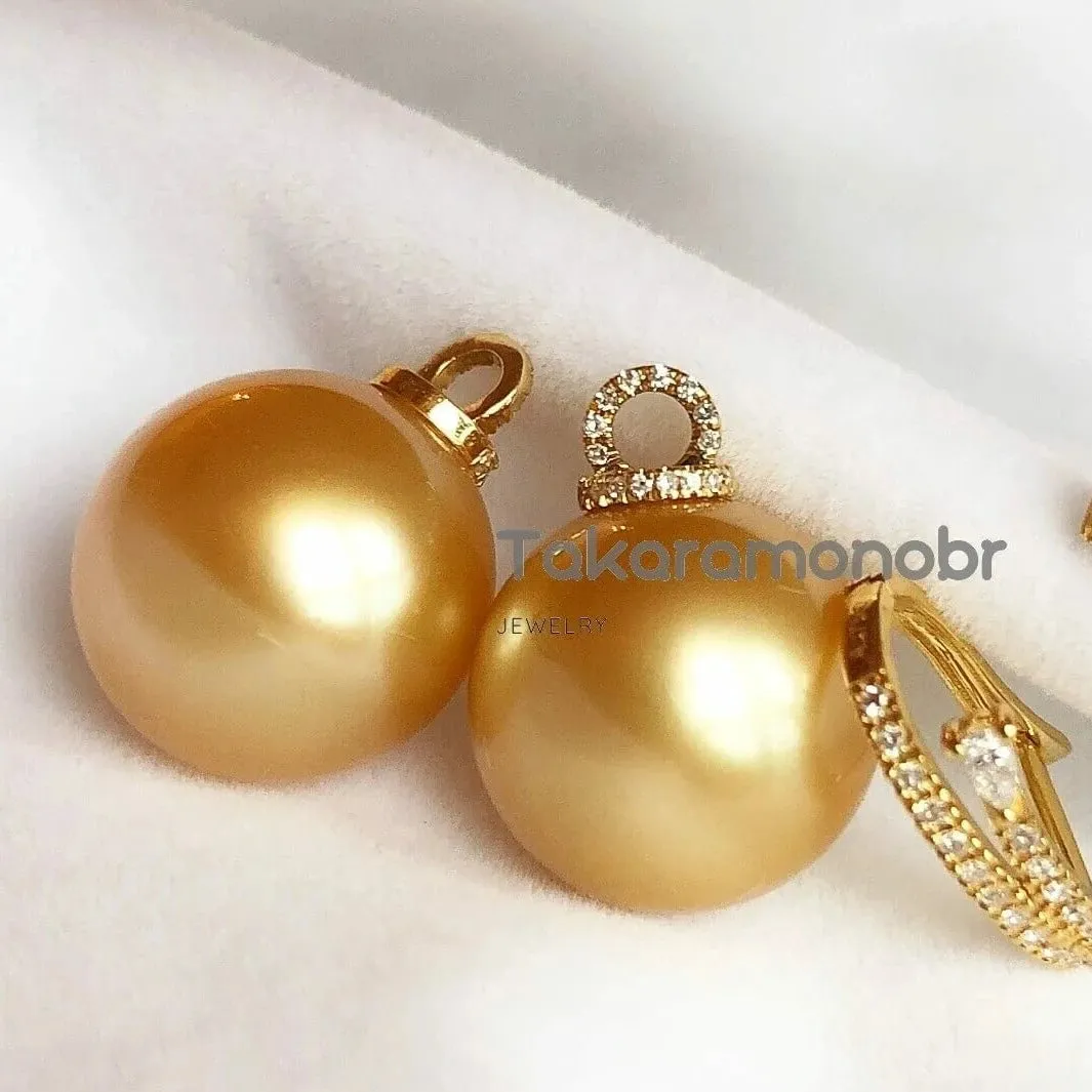 Diamond Huggie and Detachable Pearl Drop Earrings - 13.0-14.0 mm Golden South Sea Pearl