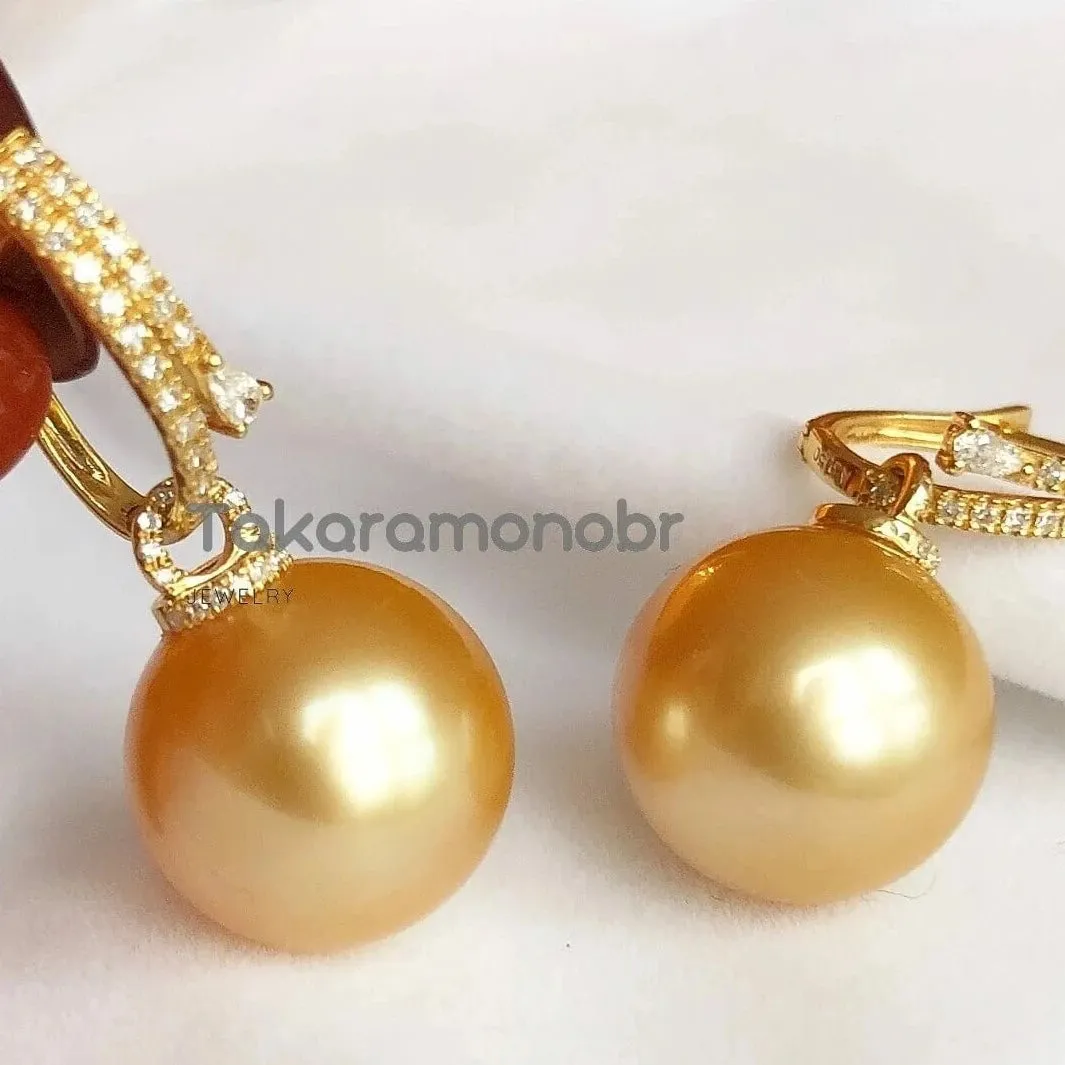 Diamond Huggie and Detachable Pearl Drop Earrings - 13.0-14.0 mm Golden South Sea Pearl